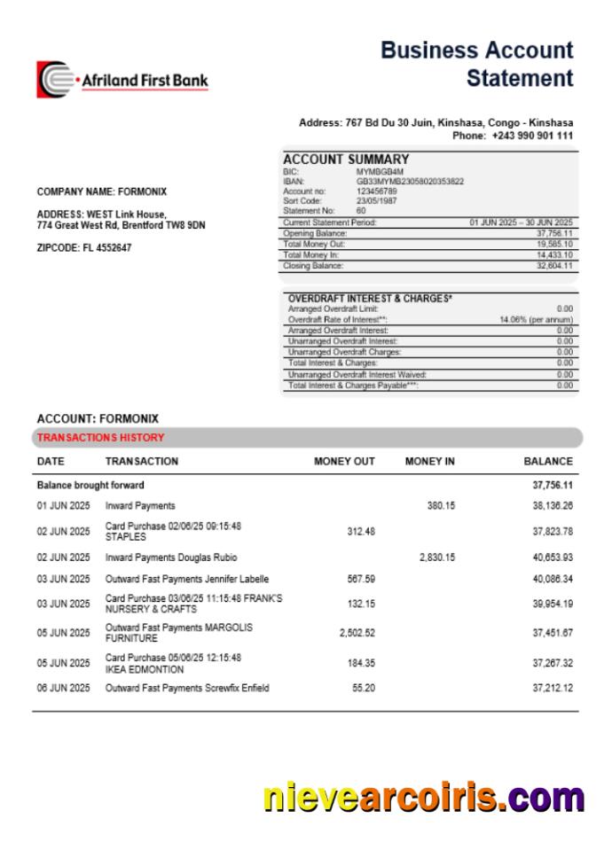 Congo Afriland First Bank business firm account bank statement